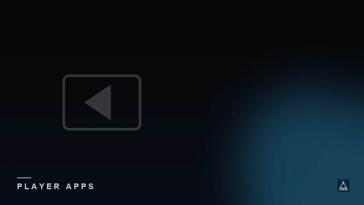 Dark abstract banner with a media player screen with a play icon, illustrating the topic of “IPTV Apps: What They Are and How to Choose One”