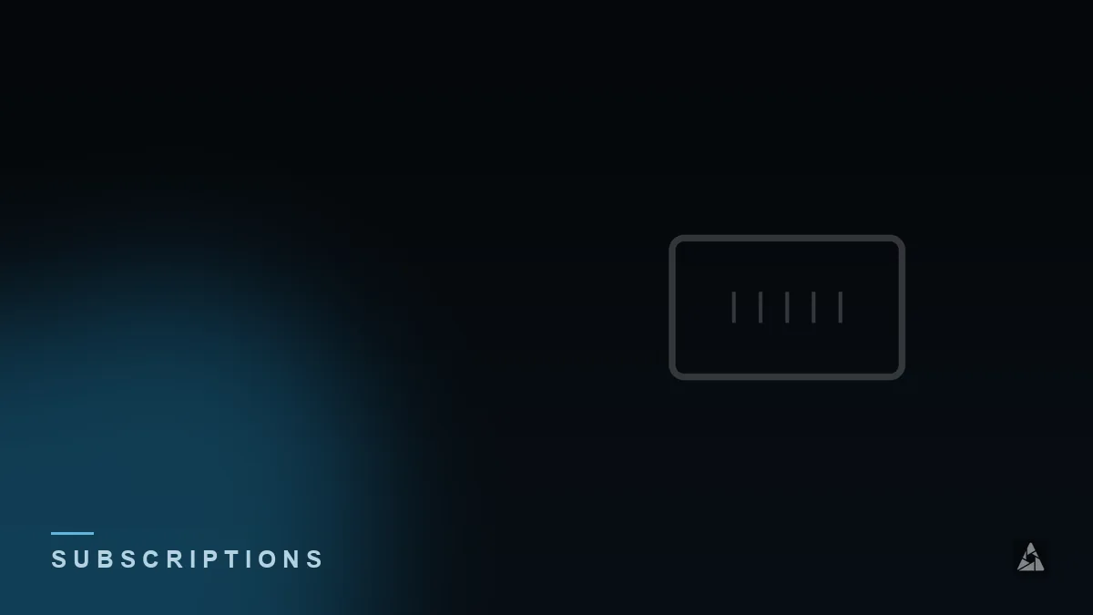 Dark abstract banner with a subscription card icon, illustrating the topic of “Buying an IPTV Subscription ("IPTV Satın Al"): What to Check”