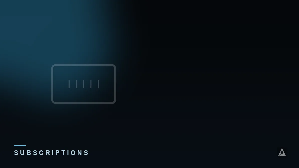 Dark abstract banner with a subscription card icon, illustrating the topic of “IPTV Subscription: What to Look For”