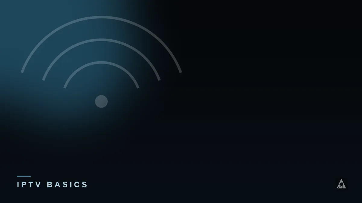 Dark abstract banner with broadcast signal waves, illustrating the topic of “Smart IPTV: What This Player App Actually Does”