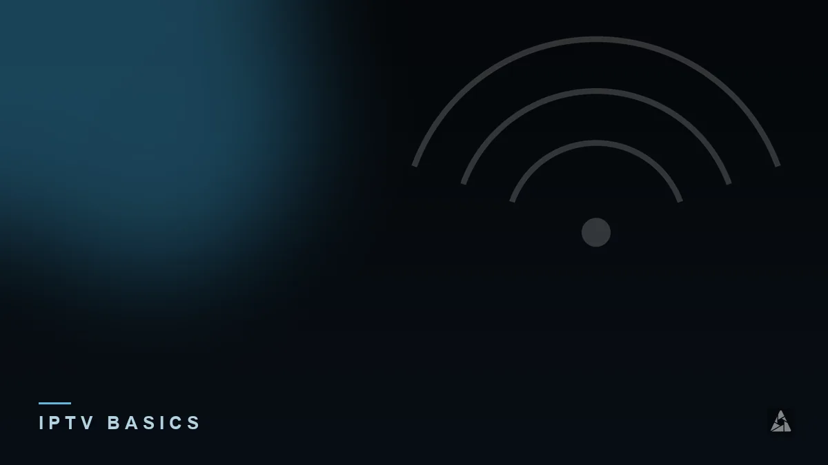 Dark abstract banner with broadcast signal waves, illustrating the topic of “What Is IPTV: What You Need to Know”