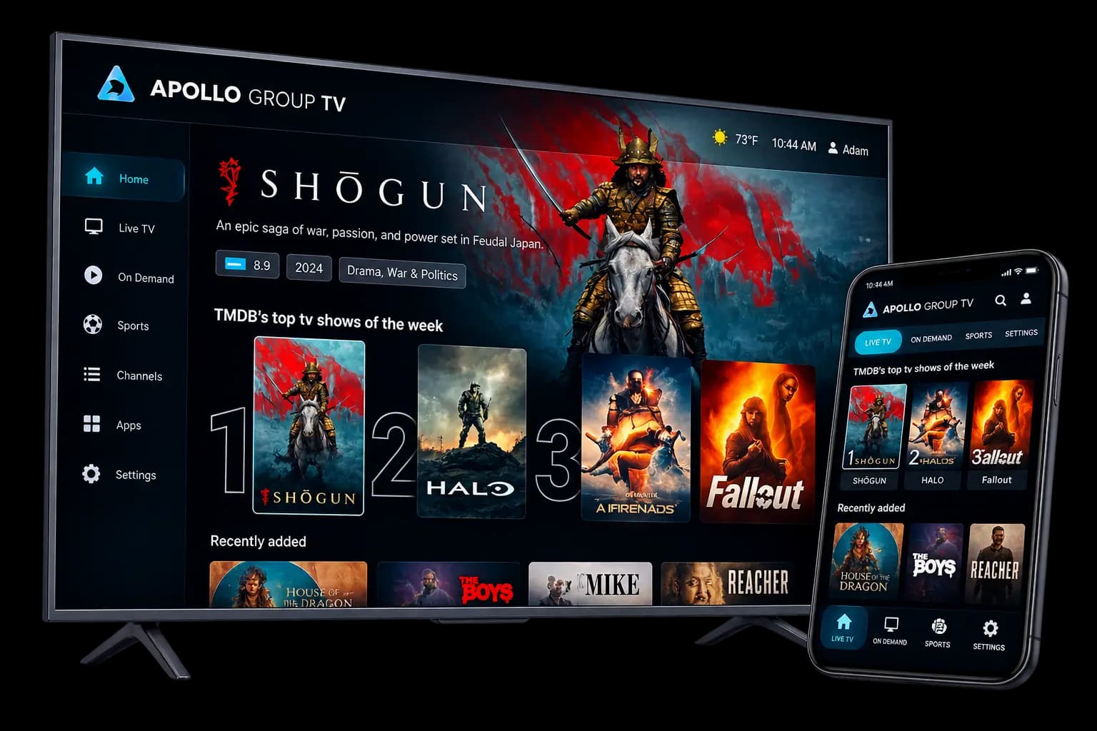 Apollo Group TV app interface shown on a TV and a mobile phone, displaying live TV and on-demand titles