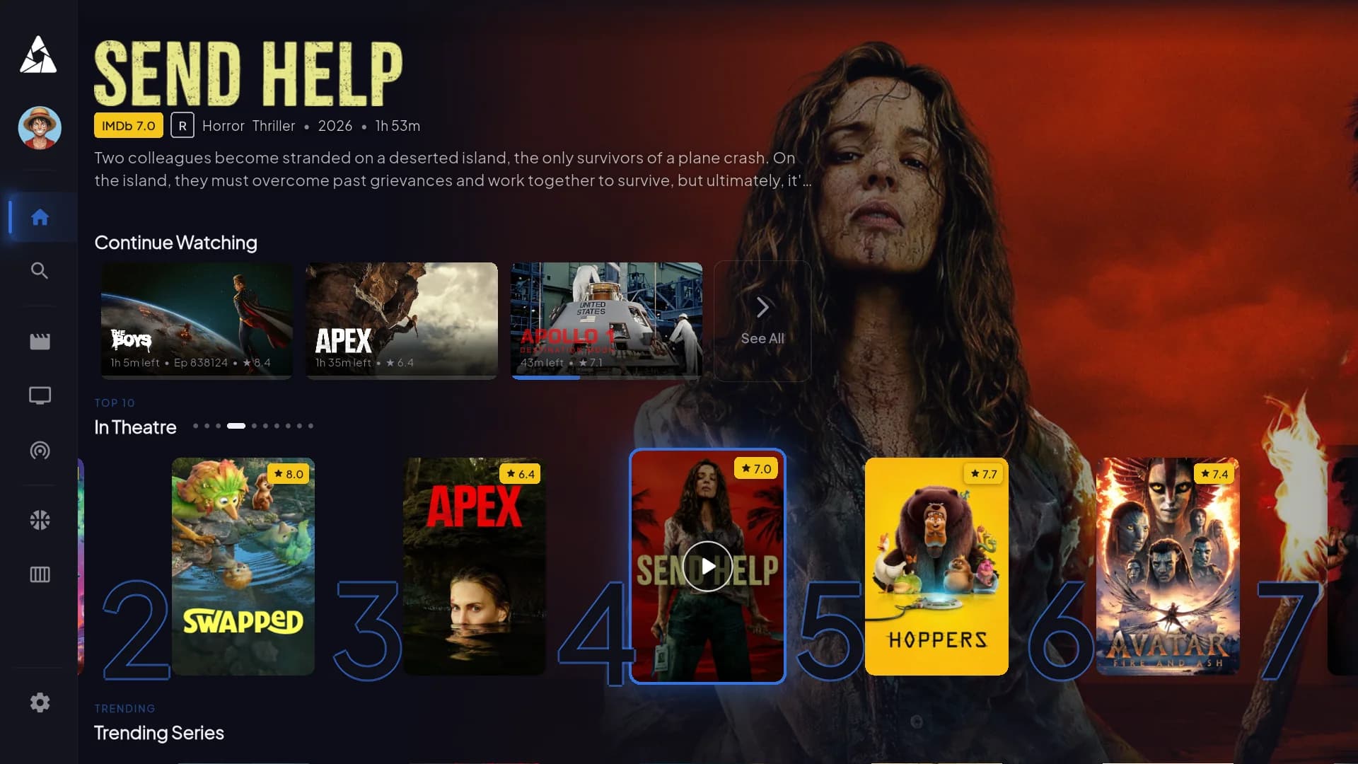Apollo Group TV app home screen showing a featured title, continue watching row, and a top 10 trending carousel
