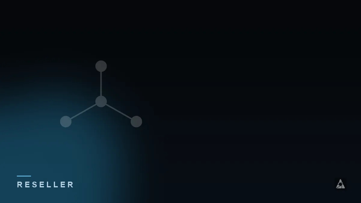 Dark abstract banner with a connected network-node icon, illustrating the topic of “IPTV Reselling: How It Works”