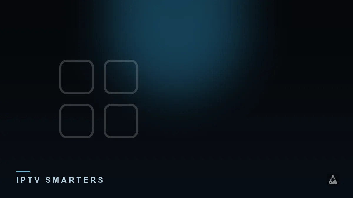 Dark abstract banner with an app icon grid, illustrating the topic of “Using IPTV Smarters on a Samsung TV”