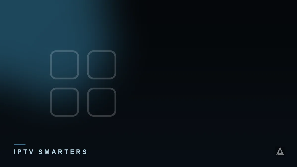Dark abstract banner with an app icon grid, illustrating the topic of “Downloading IPTV Smarters Pro: What to Know”