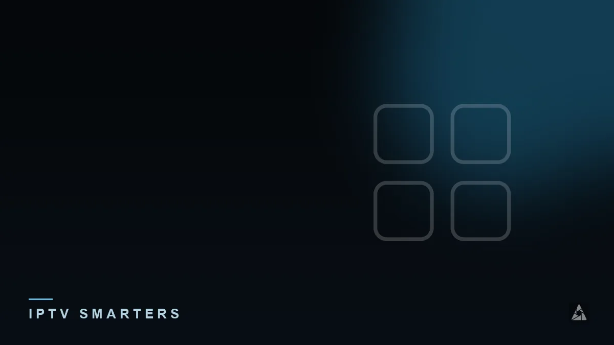 Dark abstract banner with an app icon grid, illustrating the topic of “IPTV Smarters Pro Explained”