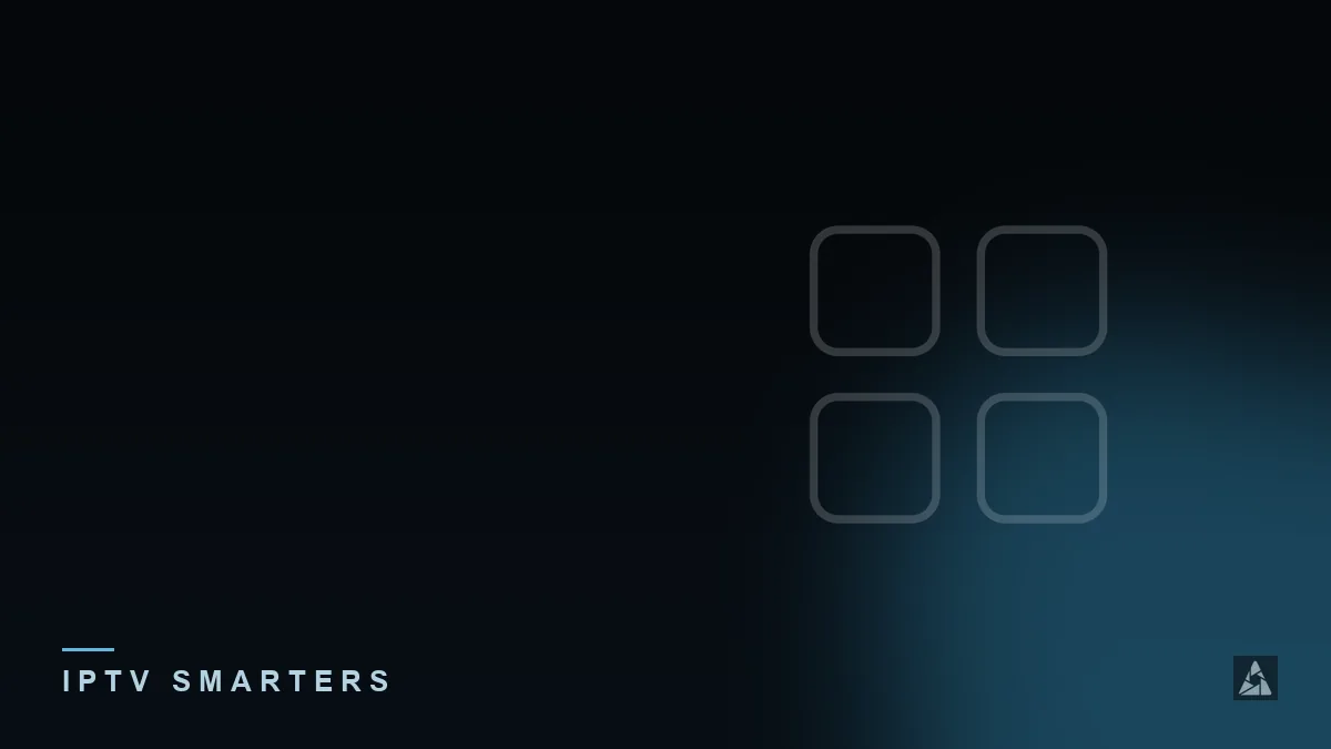 Dark abstract banner with an app icon grid, illustrating the topic of “IPTV Smarters: A Complete Guide”
