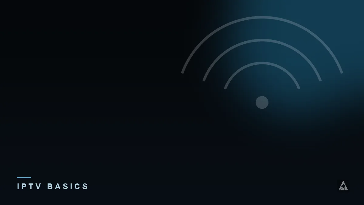 Dark abstract banner with broadcast signal waves, illustrating the topic of “IPTV: What You Need to Know”